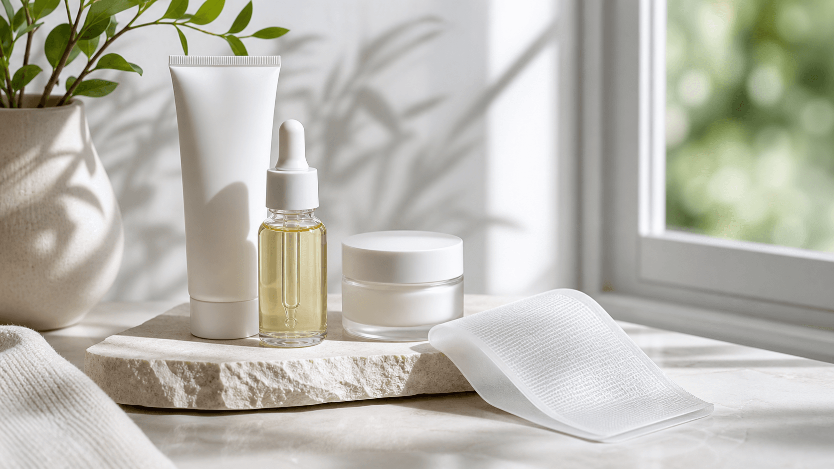 Sunlit bathroom counter with scar gel tube, silicone sheets, and bandages beside a small mirror on white tiles