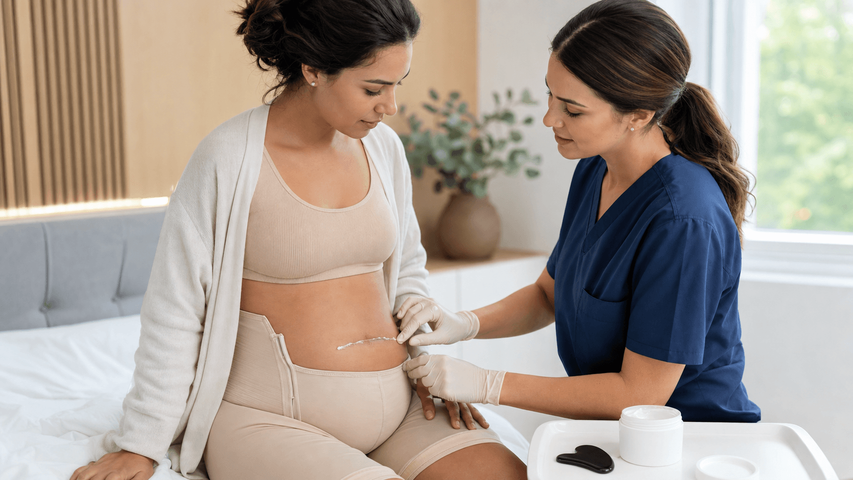 Hands applying cream to a lower abdomen scar, soft natural light, neutral background, close-up composition