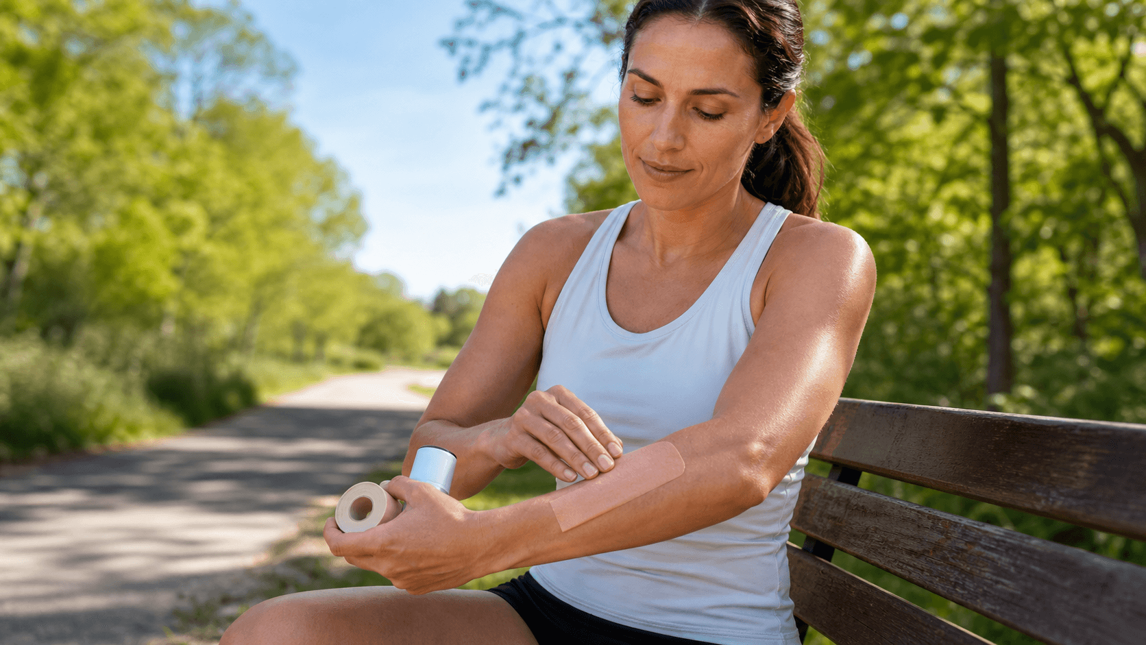 Athlete in pastel workout gear applies beige adhesive tape on shoulder scar under bright spring sunlight outdoors.