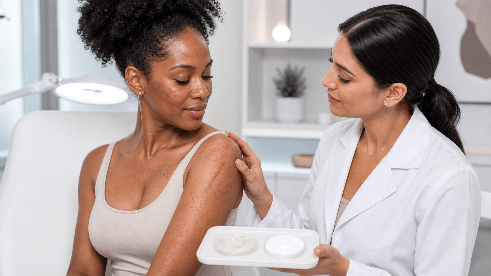 Close-up of hands holding skincare tubes beside diverse skin-tone swatches on a soft beige background